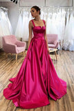 Heißes rosa Satin-langes Ballkleid, A-Linien-Träger-Abendkleid TP1073