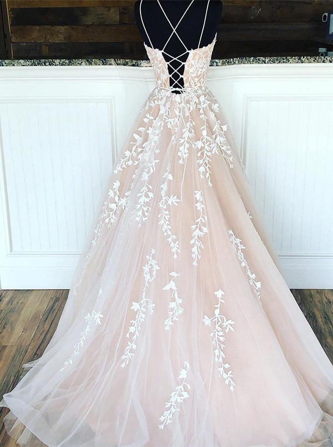 Hot Selling A line Appliques Long Formal Spaghetti Straps Evening Dress TP0980 - Tirdress