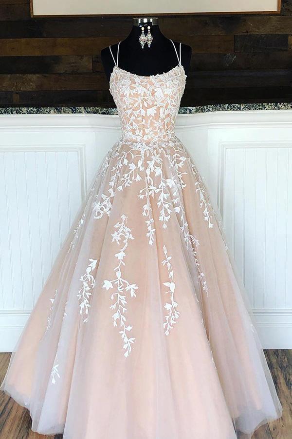 Hot Selling A line Appliques Long Formal Spaghetti Straps Evening Dress TP0980 - Tirdress