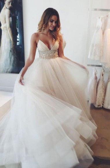 Hot V-neck Sweep Train Spaghetti Straps Ivory Tulle Wedding Dress With Lace TN0043 - Tirdress