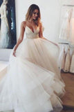 Hot V-neck Sweep Train Spaghetti Straps Ivory Tulle Wedding Dress With Lace TN0043 - Tirdress