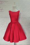 Hot-selling Bateau Satin Knee-Length Red Homecoming Dress With Bowknot TR0117 - Tirdress