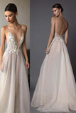 Illusion Deep V-Neck Prom Floor Length Layers Tulle Low Back Appliques TP0131 - Tirdress