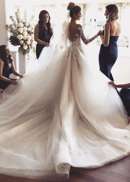 Illusion Jewel Neck Long Sleeves Sweep Wedding Dress With Appliques TN0039 - Tirdress