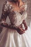 Illusion bijou cou manches longues balayage robe de mariée avec appliques TN0039