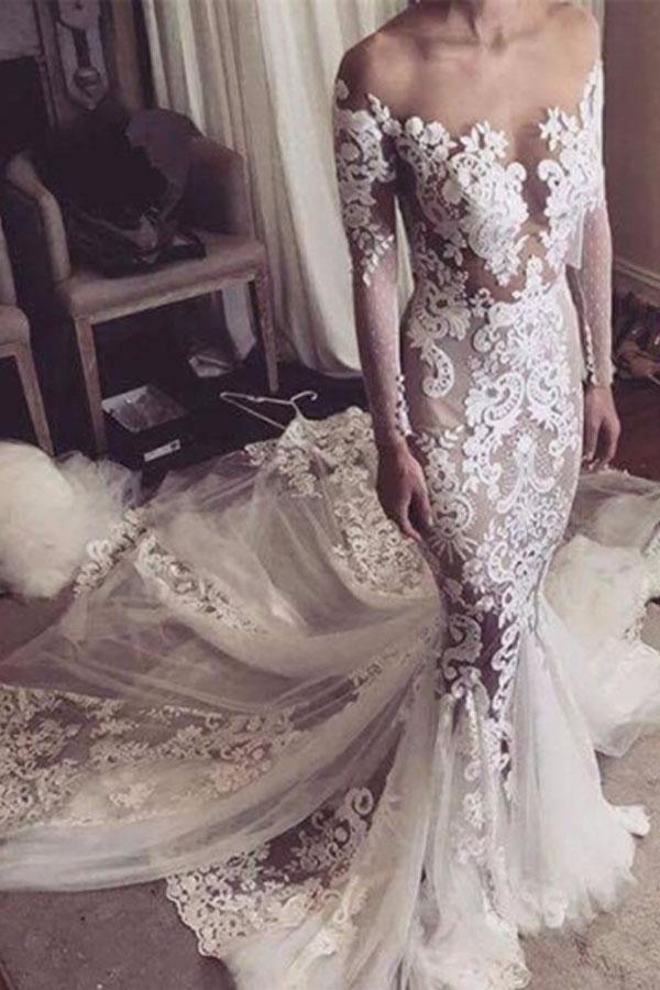 Illusion Neckline Lace Appliques Mermaid Long Sleeves Wedding Dress WD139 - Tirdress