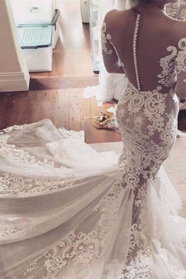 Illusion Neckline Lace Appliques Mermaid Long Sleeves Wedding Dress WD139 - Tirdress