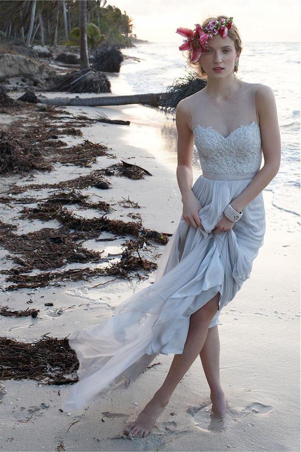 Illusion Neckline Sheer Back Beach Lace Chiffon Wedding Dress US2 / As Picture Illusion Neckline Sheer Back Beach Lace Chiffon Wedding Dress US2 / As Picture