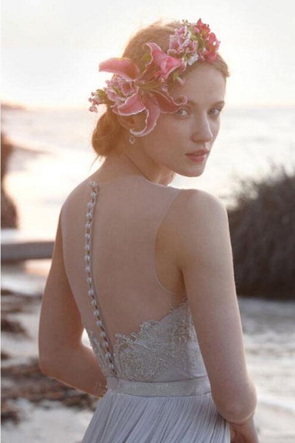 Illusion Neckline Sheer Back Beach Lace Chiffon Wedding Dress WD055 - Tirdress