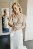Illusion V-Neck A-line Beach Wedding Dress Chaple Train Bridal Gown TN203