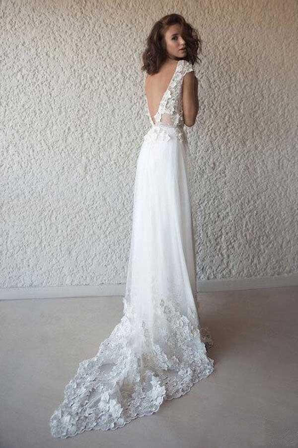 Ivory Cap Sleeve See Through Wedding Dresses Beach Bridal Dress TN202 - Tirdress