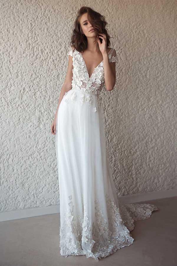 Ivory Cap Sleeve See Through Wedding Dresses Beach Bridal Dress TN202 - Tirdress