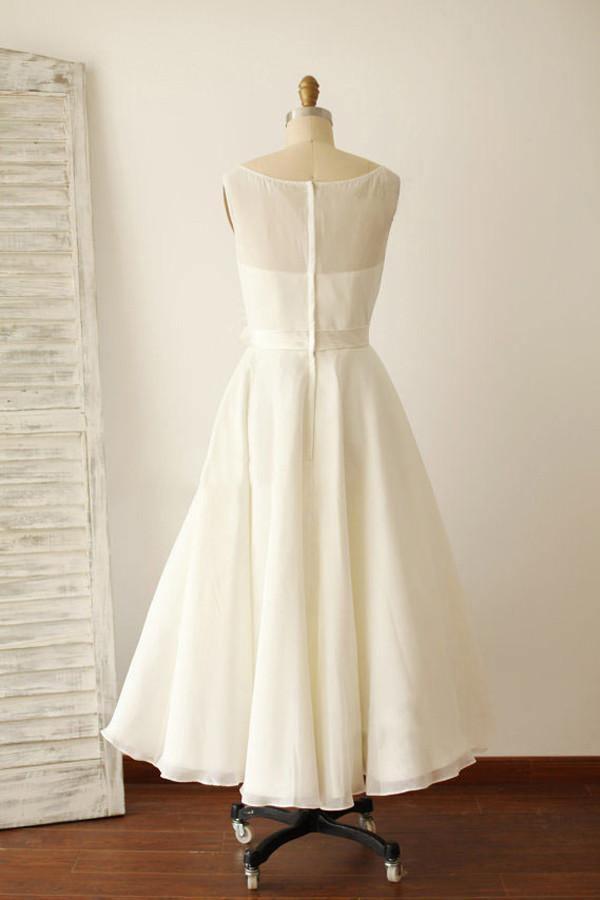 Ivory Illusion Boat Neck Tea Length Sleeveless Wedding Dresses US14 / Custom Color Ivory Illusion Boat Neck Tea Length Sleeveless Wedding Dresses US14 / Custom Color