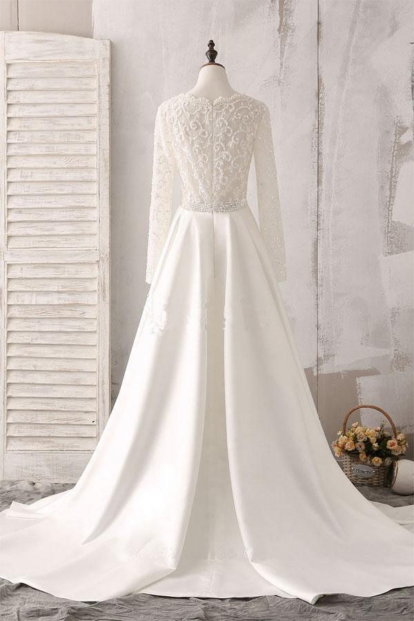 Ivory Lace and Satin V-neck Long Sleeve Beaded Wedding Dress WD144 - Tirdress