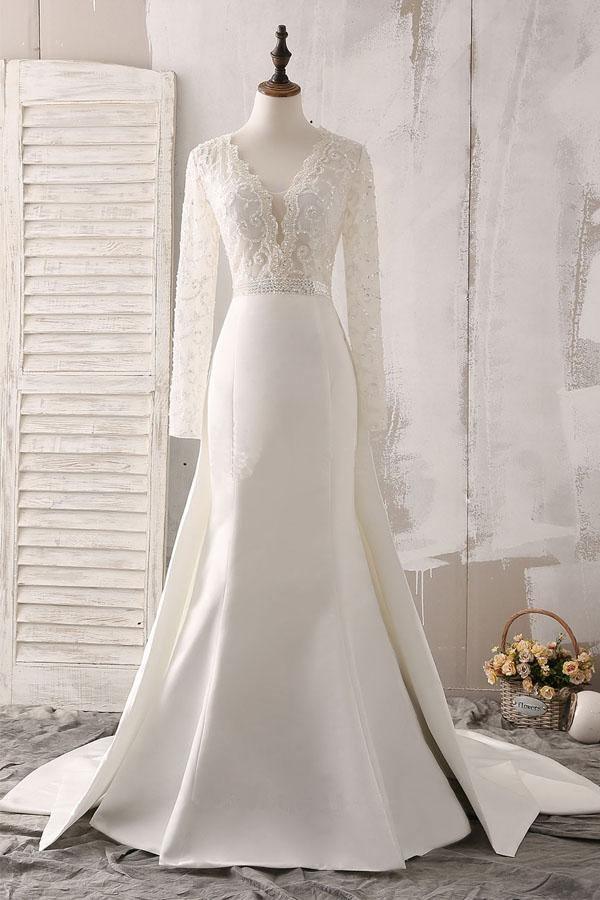 Ivory Lace and Satin V-neck Long Sleeve Beaded Wedding Dress WD144 - Tirdress