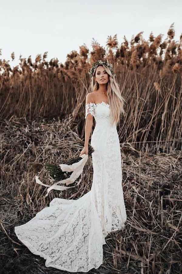Ivory Mermaid Lace Wedding Dresses Neckline Beach Wedding Dress TN201 - Tirdress