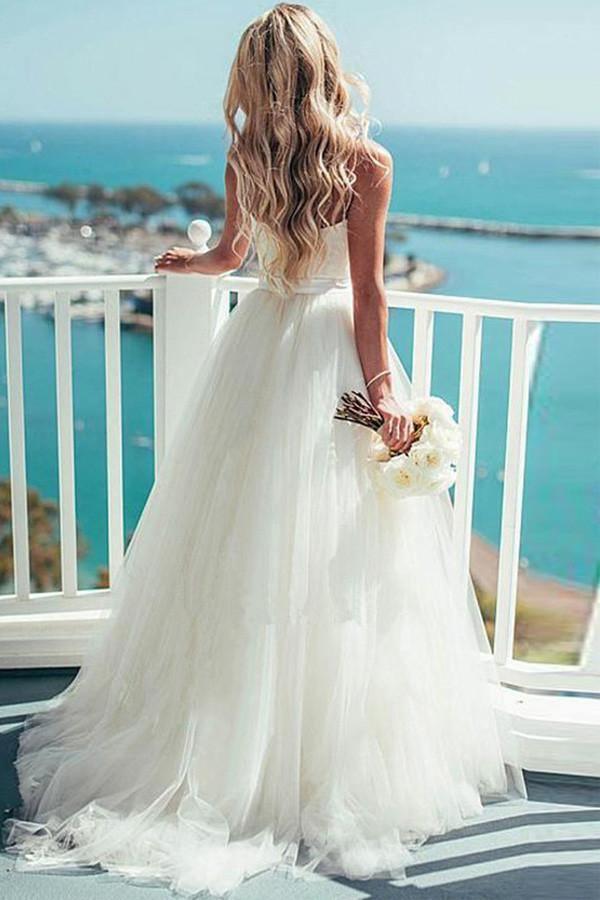 Ivory Tulle Destination Sweetheart Spaghetti Strap Wedding Dress WD082 - Tirdress