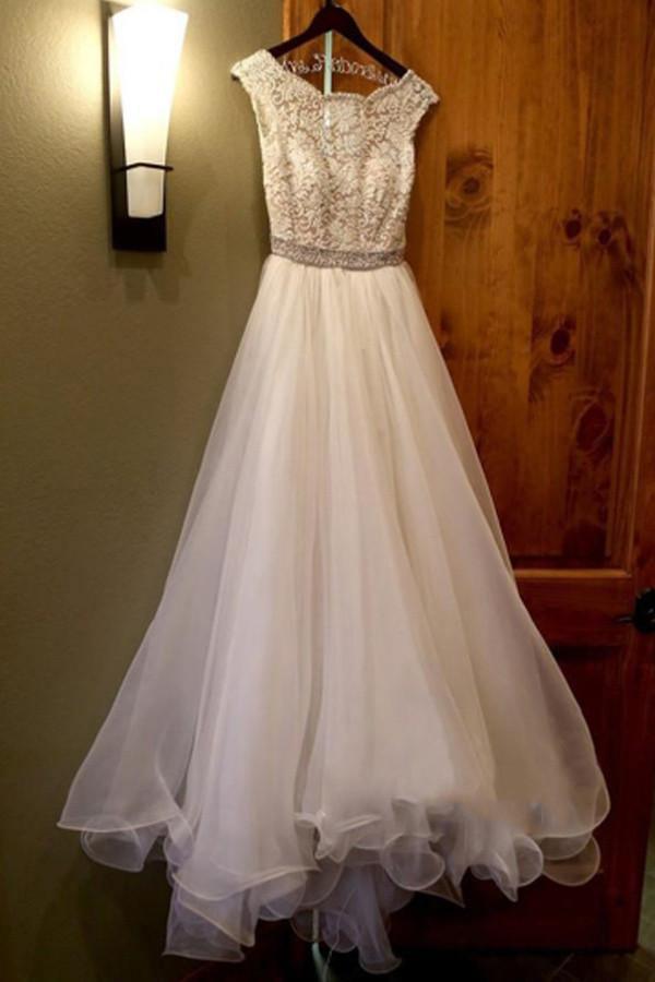 jewel lace a line wedding dress with beading Stunning Wedding Dresses A Line Sweep Short Sleeves Beaded Jewel Neck Tulle Bridal Dresses