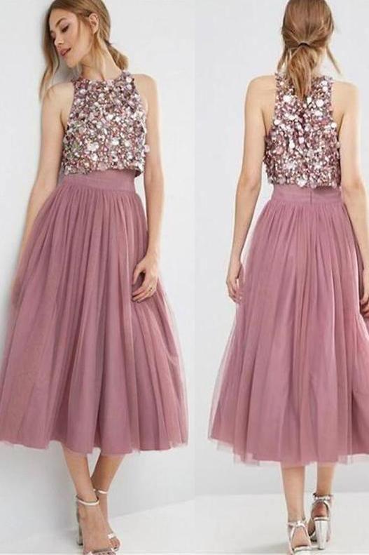 Jewel Neck Tea Length Dusty Rose A Line Homecoming Dress HD0074 - Tirdress