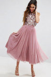 Jewel Neck Tea Length Dusty Rose A Line Homecoming Dress HD0074 - Tirdress