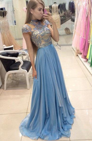 Jewel Sweep Train Cap Sleeves Blue Organza Prom Dress With Beading TP0052 - Tirdress