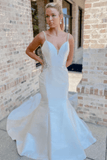 Off White V-Neck Beading Mermaid Satin Straps Long Wedding Dress TN314