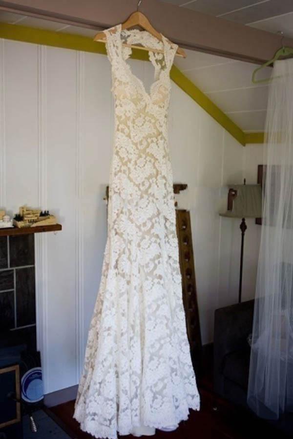Keyhole Back Floor-Length Sheath Lace Wedding Dress US0 / As Picture Keyhole Back Floor-Length Sheath Lace Wedding Dress US0 / As Picture