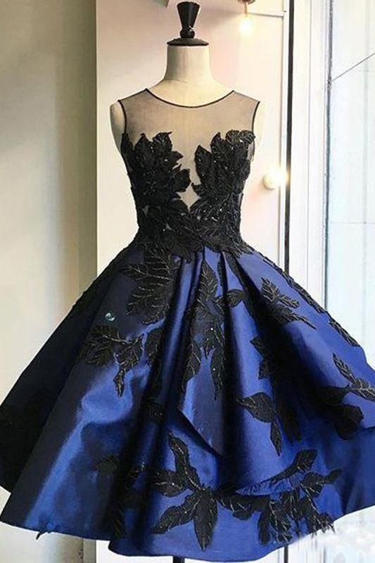 Knee Length Backless Royal Blue Satin Homecoming Dress With Appliques Tirdress