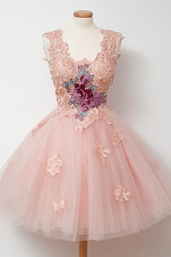 Knee-Length Ball Gown Pink Homecoming Dress With Appliques Embroidery TR0103 - Tirdress