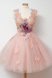 Knee-Length Ball Gown Pink Homecoming Dress With Appliques Embroidery TR0103 - Tirdress
