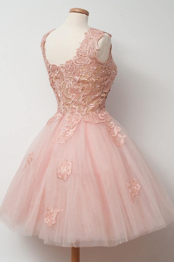 Knee-Length Ball Gown Pink Homecoming Dress With Appliques Embroidery TR0103 - Tirdress