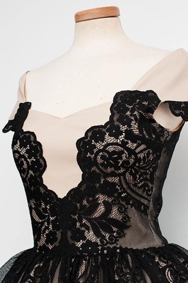 Knee-Length Cap Sleeves Homecoming Dresses With Black Lace TR0107 - Tirdress