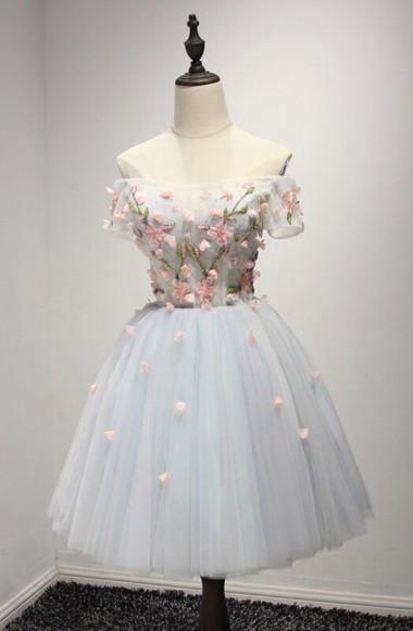 Knee-Length Light Blue Tulle Homecoming Dress With Appliques TR0180 - Tirdress
