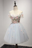 Knee-Length Light Blue Tulle Homecoming Dress With Appliques TR0180