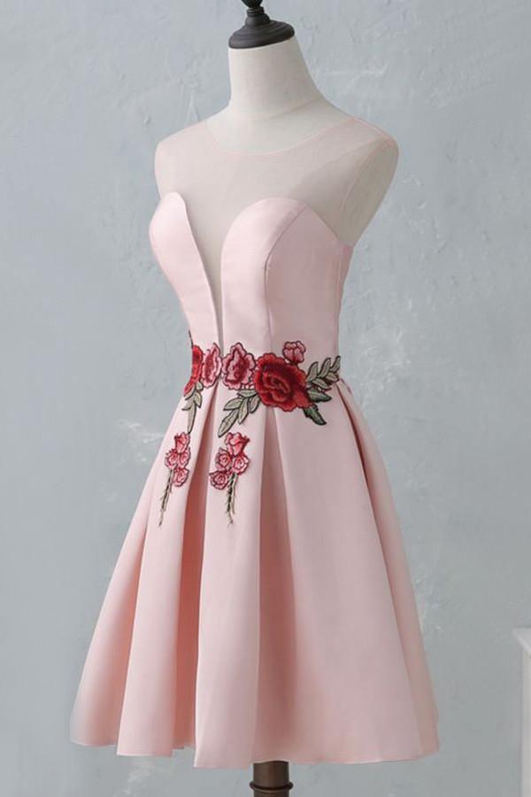 Knee-Length Open Back Pink Satin Homecoming Dress With Appliques TR0173 - Tirdress