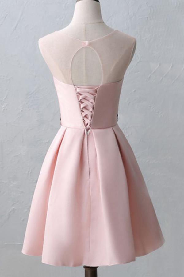 Knee-Length Open Back Pink Satin Homecoming Dress With Appliques TR0173 - Tirdress
