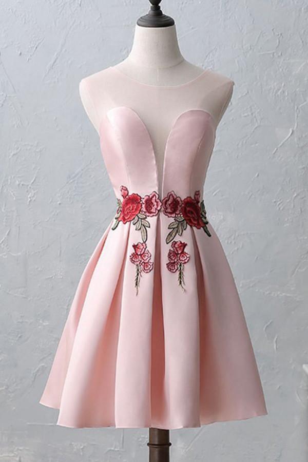 Knee-Length Open Back Pink Satin Homecoming Dress With Appliques TR0173 - Tirdress