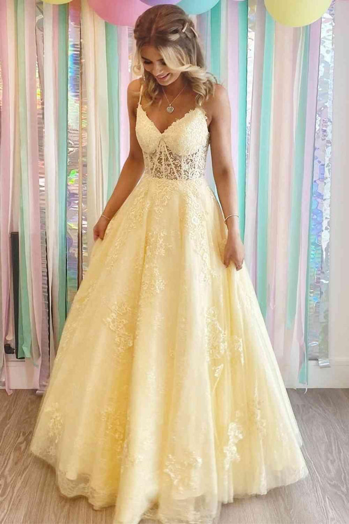 Lace-Up Yellow V-Neck Appliques A-Line Long Prom Formal Dress TP1141 - Tirdress