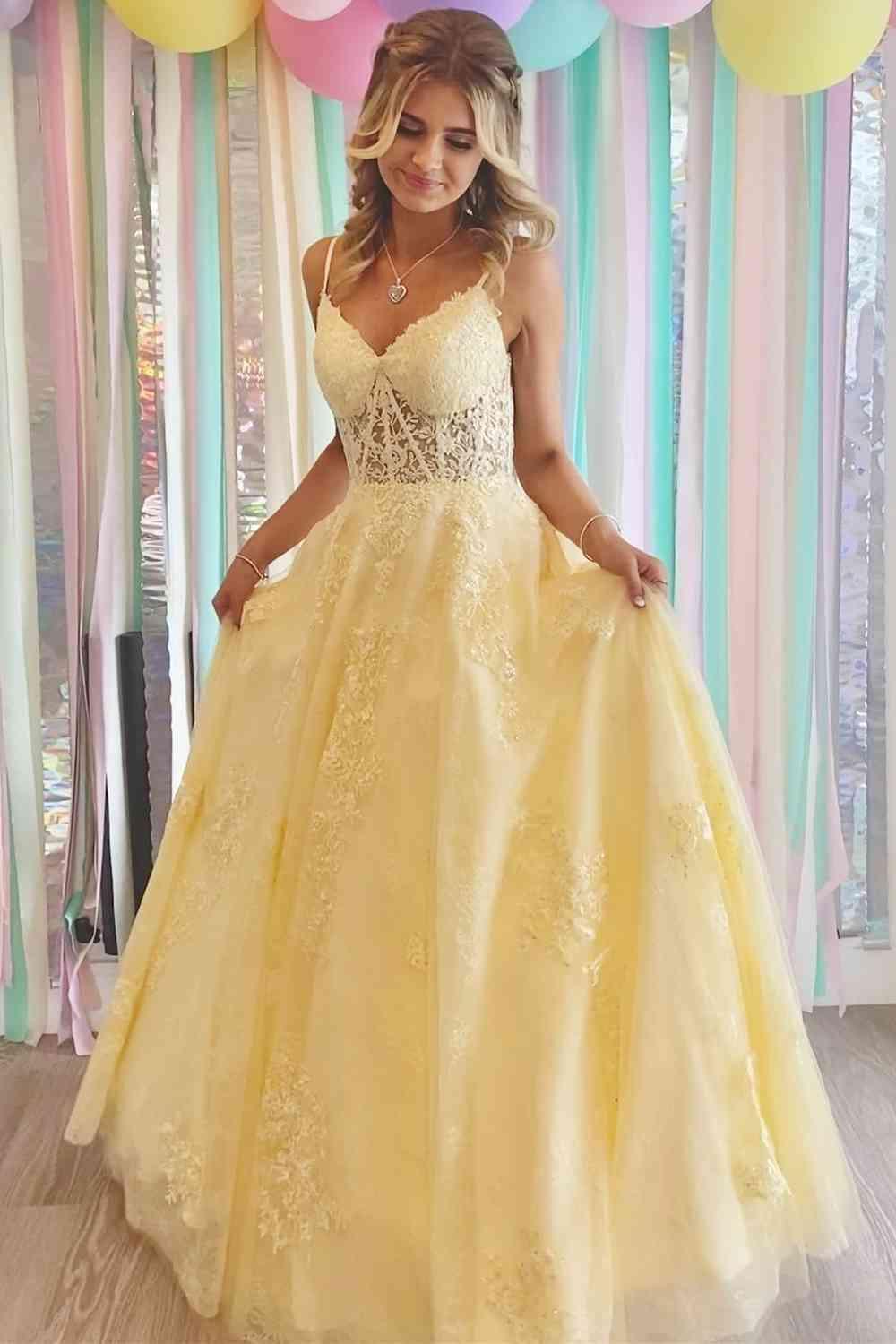 Lace-Up Yellow V-Neck Appliques A-Line Long Prom Dress TP1141 Custom Size / Yellow
