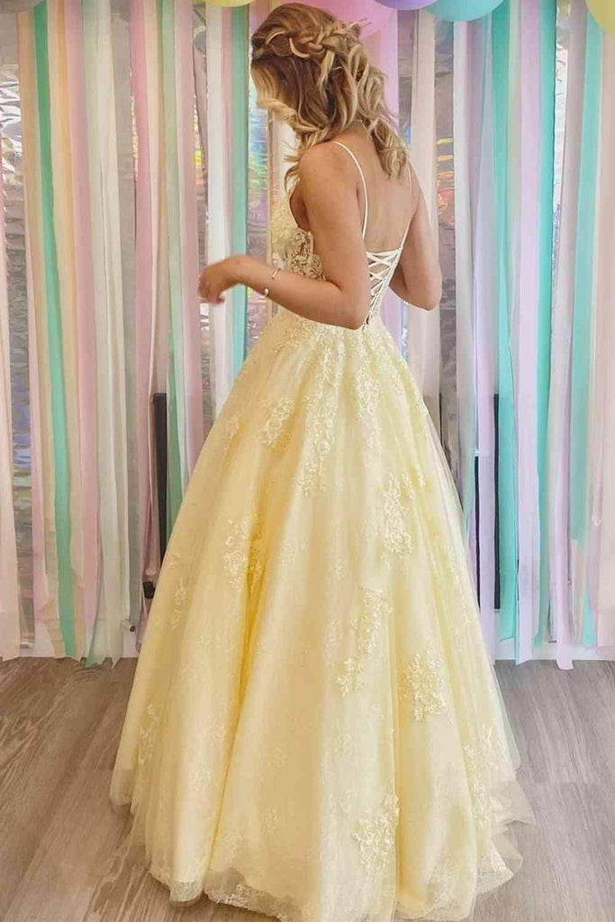 Lace-Up Yellow V-Neck Appliques A-Line Long Prom Formal Dress TP1141 - Tirdress