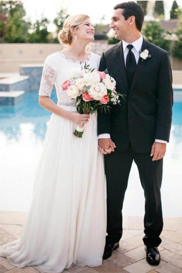 Lace A-Line Beading Ivory Half Sleeve Wedding Dress WD145 - Tirdress