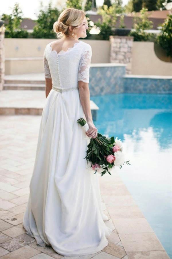 Lace A-Line Beading Ivory Half Sleeve Wedding Dress WD145 - Tirdress