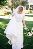 Lace A-Line Beading Ivory Half Sleeve Wedding Dress WD145 - Tirdress