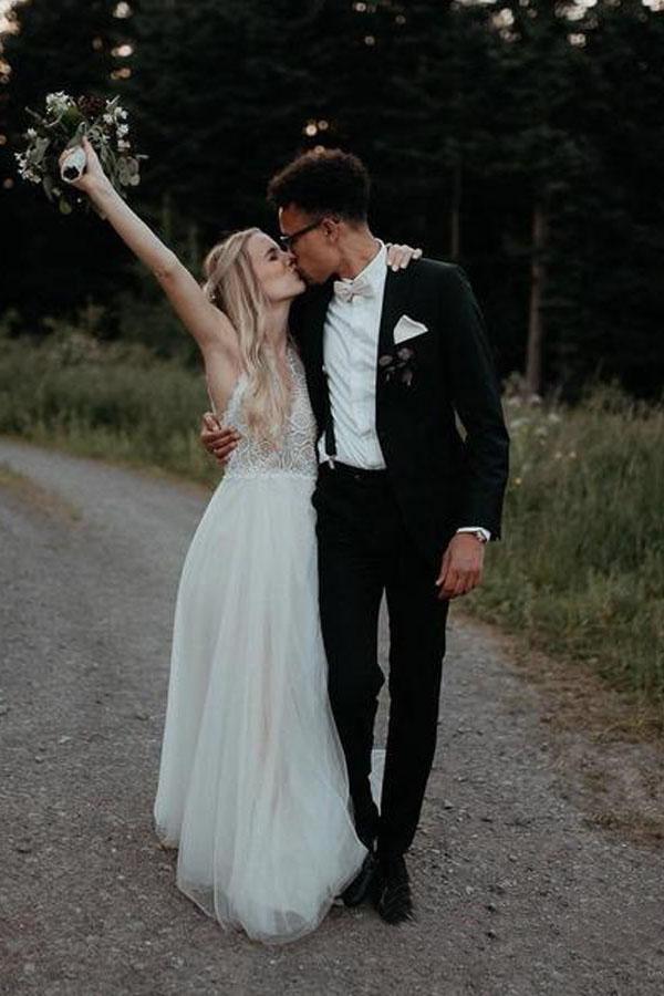 Lace Bodice Tulle Skirt Backless Bridal Gown Minimalist Wedding Dresses TN218 - Tirdress