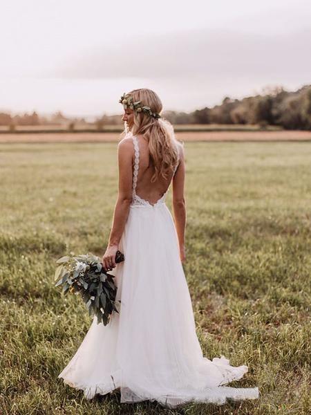 Lace Bodice Tulle Skirt Backless Bridal Gown Minimalist Wedding Dresses TN218 - Tirdress