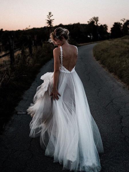 Lace Bodice Backless Bridal Gown Minimalist Wedding Dress TN218 US6 / Ivory