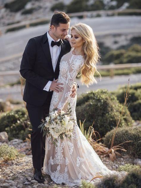 Lace Boho Wedding Dress Mermaid Long Sleeve Rustic Bridal Gown TN251 US6 / Ivory/Nude Lace Boho Wedding Dress Mermaid Long Sleeve Rustic Bridal Gown TN251 US6 / Ivory/Nude