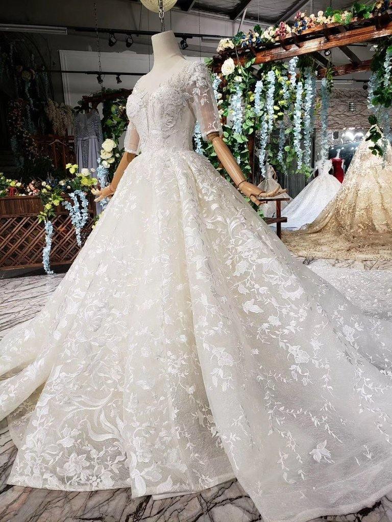 Lace Half Sleeves Wedding Dresses, Beading Big Wedding Gown TN119