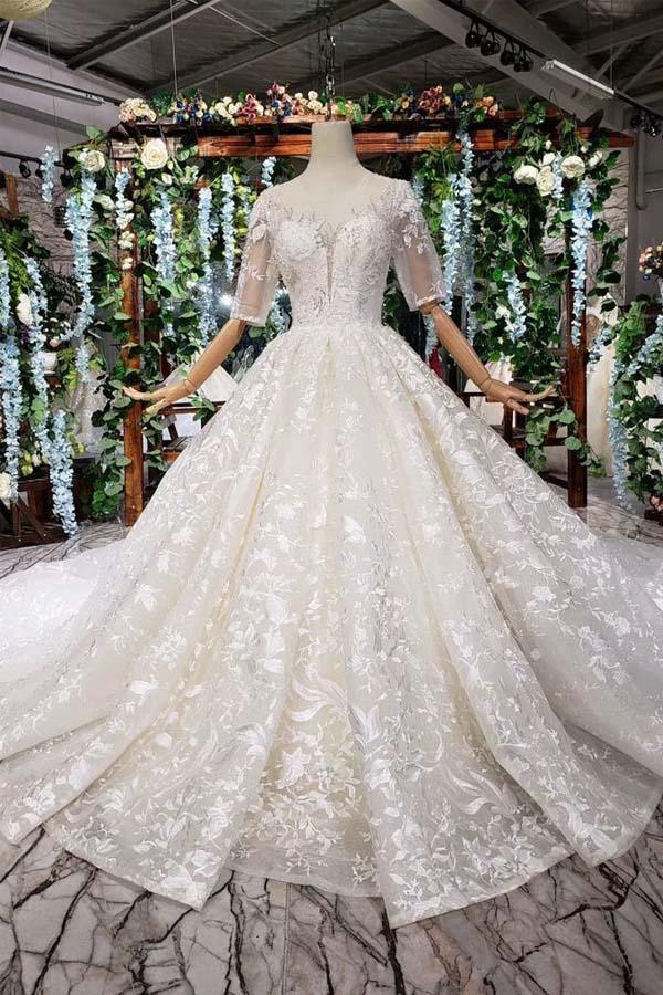 Lace Half Sleeves Ball Gown Wedding Dresses, Fashion Beading Big Wedding Gown TN119 - Tirdress