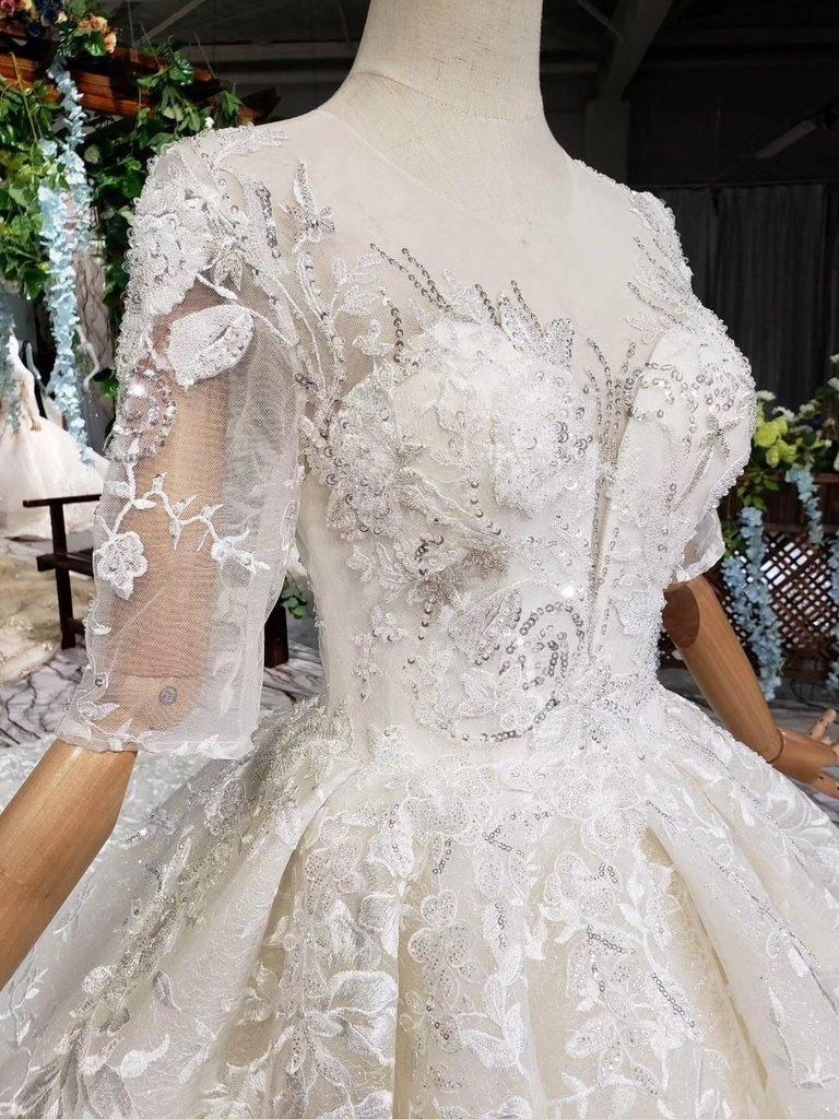 Lace Half Sleeves Ball Gown Wedding Dresses, Fashion Beading Big Wedding Gown TN119 - Tirdress